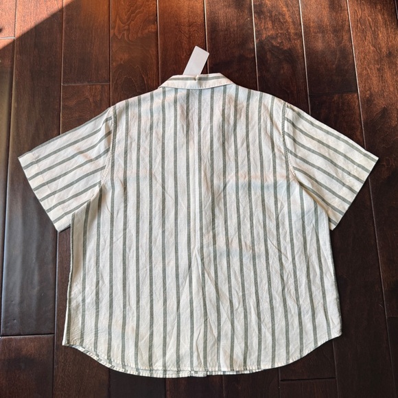 Uniqlo Linen Short-Sleeve Stripe Button-Down Shirt - Light Green & White - Picture 2 of 3